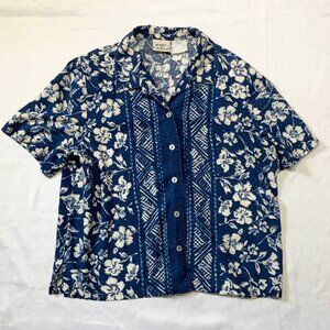 VTG 80s 90s Womens Koret City Blues Floral Hawaiian Button Down Blouse